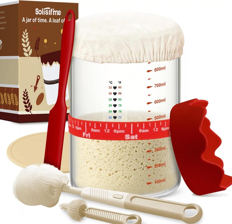 Solisifime Pro Sourdough Starter 10-In-1 Kit – 34 Oz Glass Jar With Lid, Cloth Cover, Date Band, Brush, Temp Strip, Silicone Spatula, Heating Mat – Sourdough Bread Baking Supplies, Glass Container, Red - Image 1